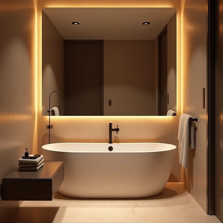 Iluminação estratégica criando uma atmosfera aconchegante no banheiro social