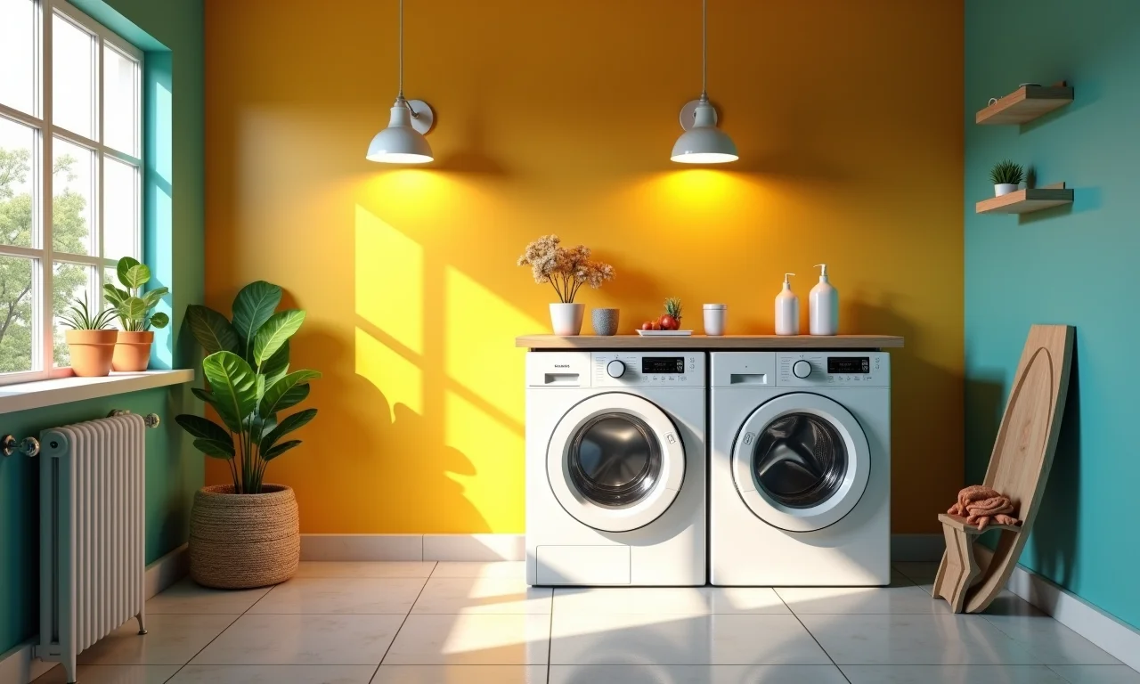 Iluminação estratégica destacando áreas importantes em uma lavanderia.