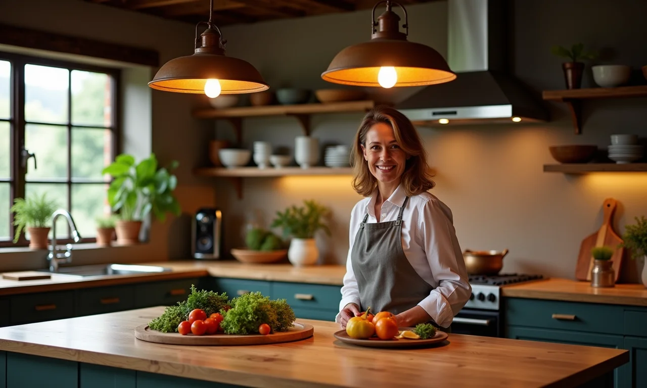 Iluminação estratégica em cozinha gourmet com luminárias pendentes.