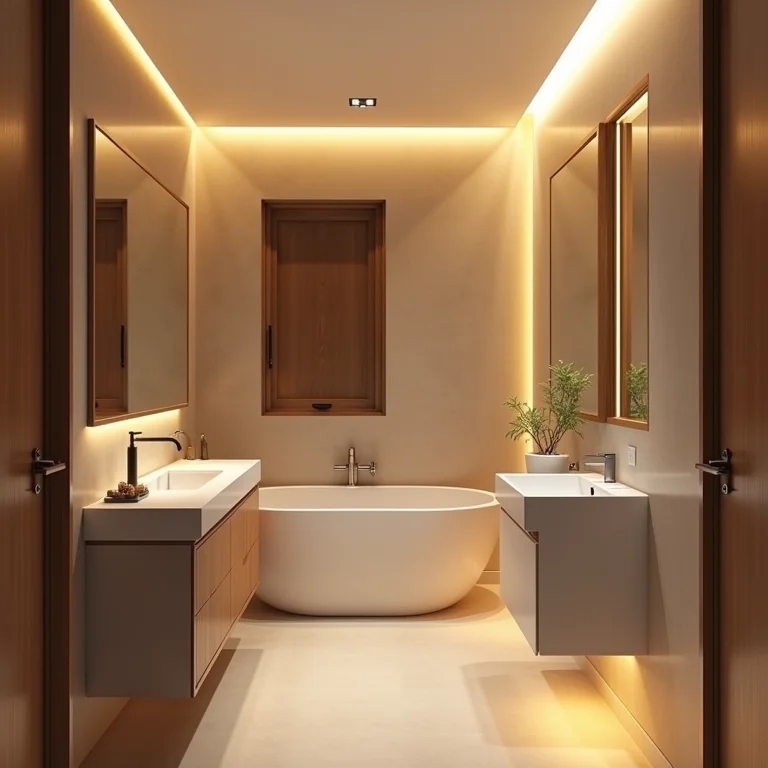 Iluminação estratégica em um banheiro pequeno, destacando pontos focais e criando um ambiente acolhedor.