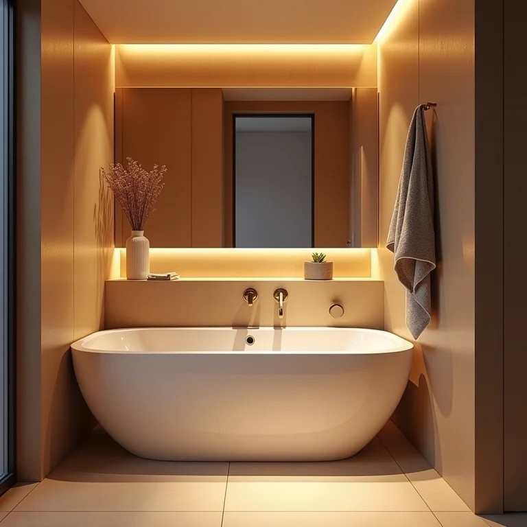 Iluminação estratégica valorizando banheiro pequeno