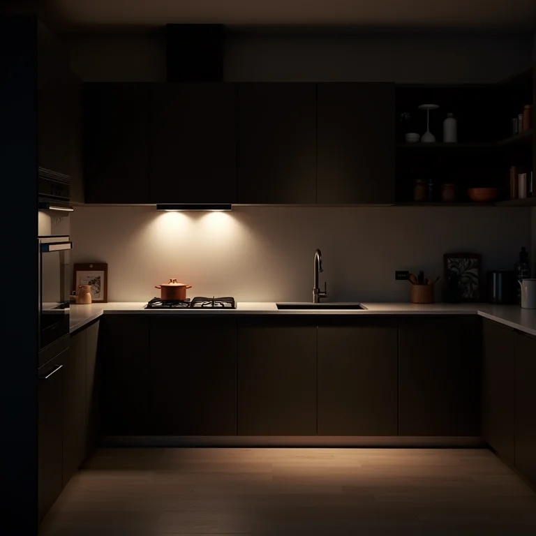 Iluminação inadequada em uma cozinha planejada, mostrando áreas escuras