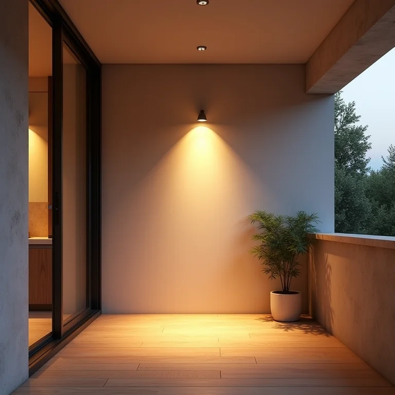 Iluminação inadequada em uma varanda de apartamento, com sombras e reflexos.