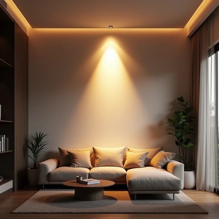 Iluminação indireta valorizando viga disfarçada.