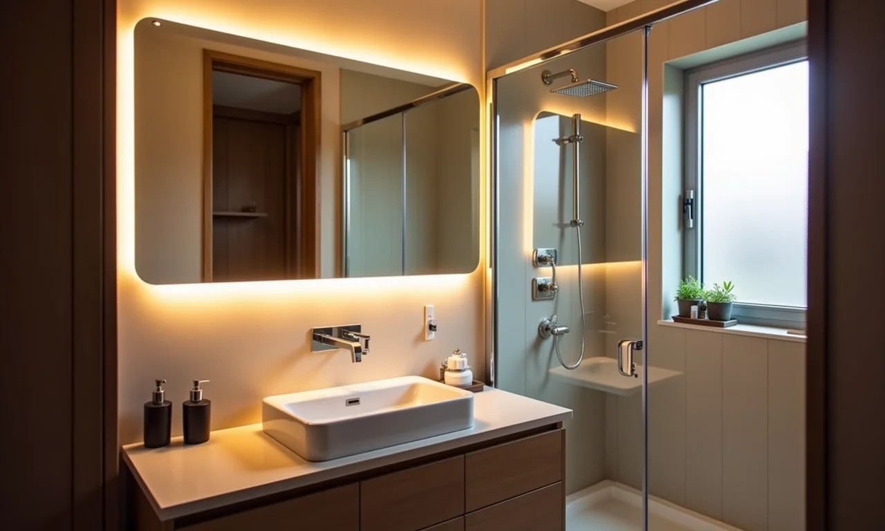 Iluminação LED em banheiro pequeno, criando ambiente acolhedor.