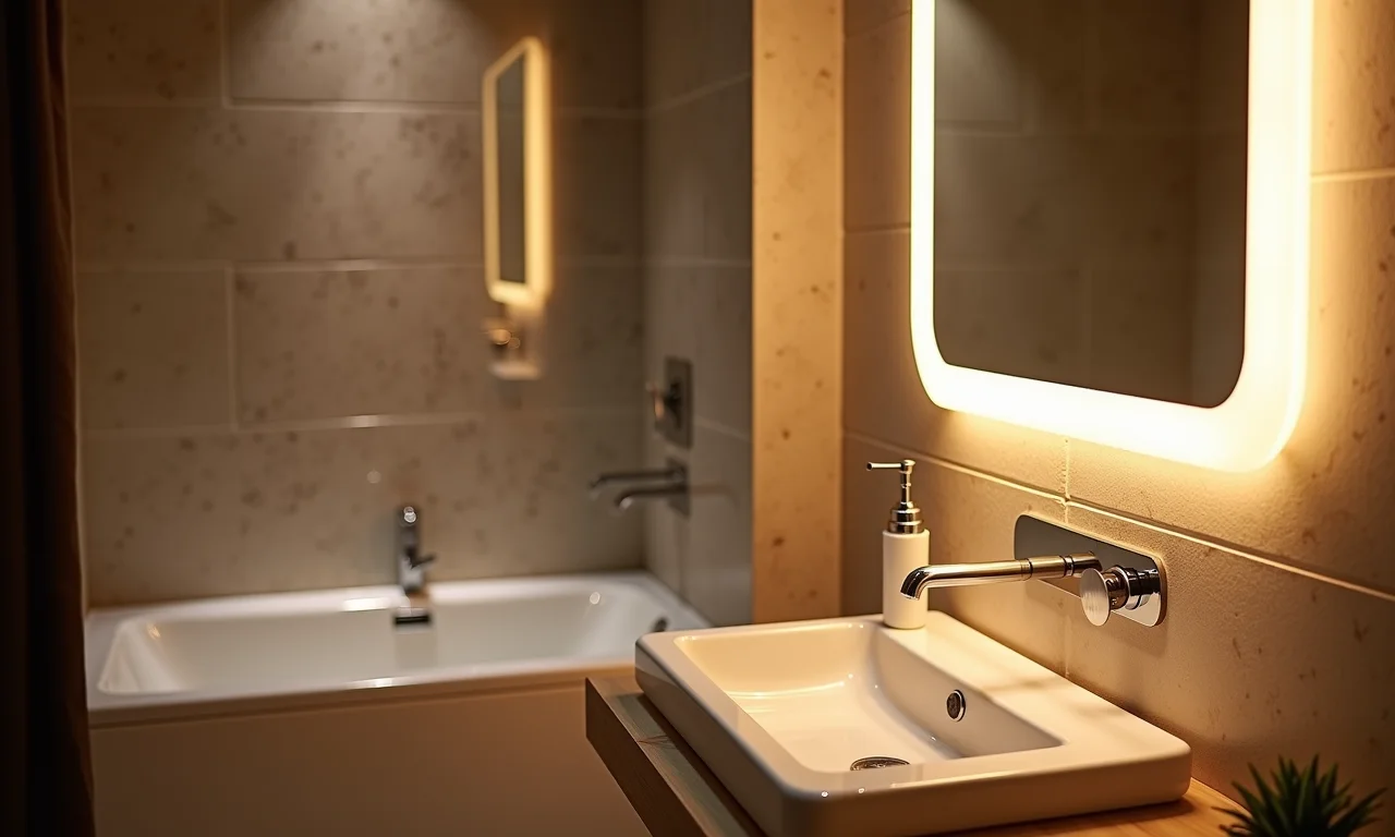 Iluminação LED em banheiro sustentável com ambiente aconchegante.