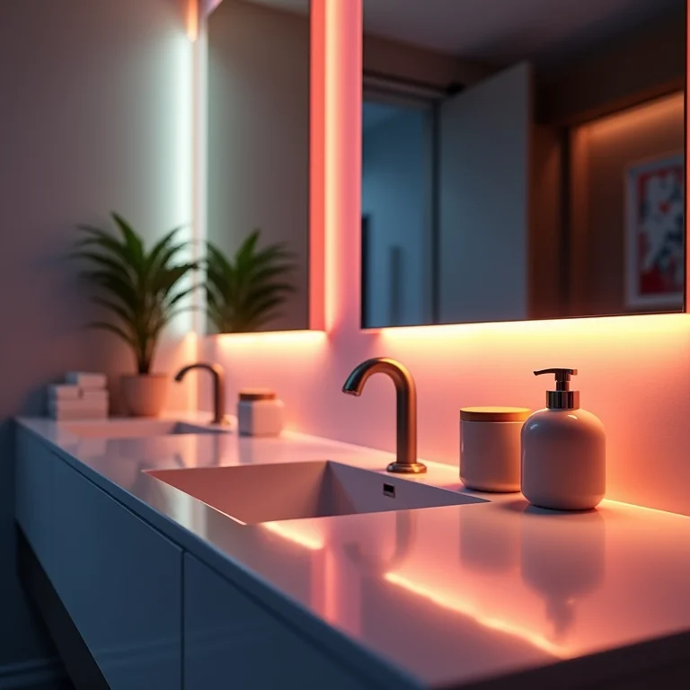 Iluminação LED embutida destacando a penteadeira moderna do banheiro.