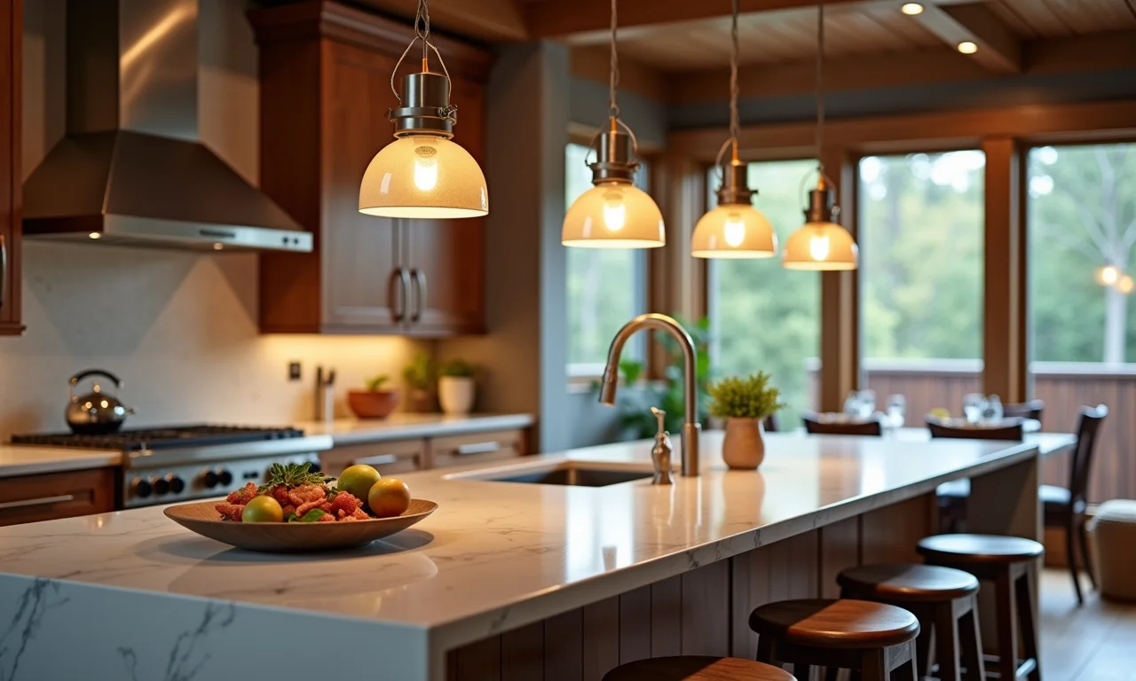 Iluminação moderna com pendentes em cozinha gourmet.