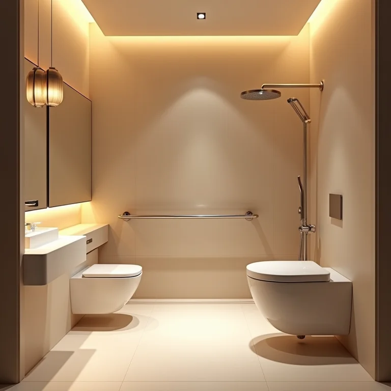 Iluminação suave e funcional em um banheiro acessível