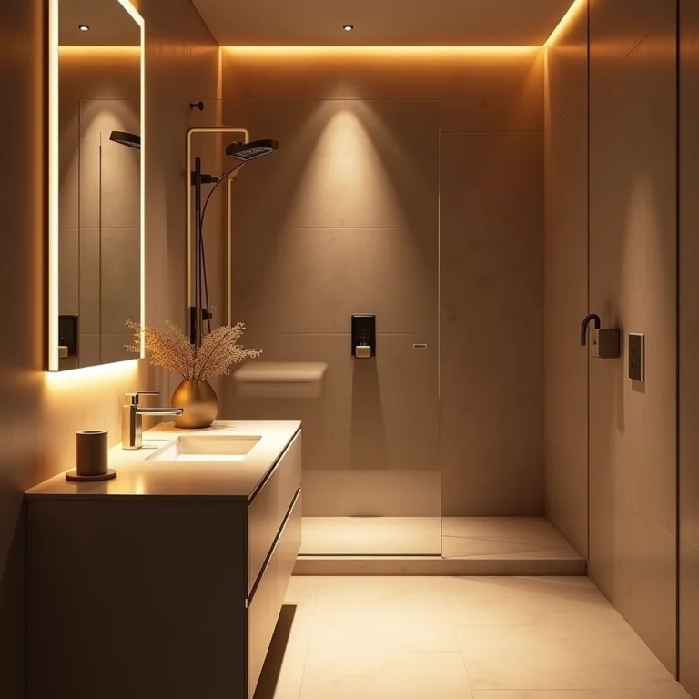 Iluminação valorizando a bancada de um banheiro moderno