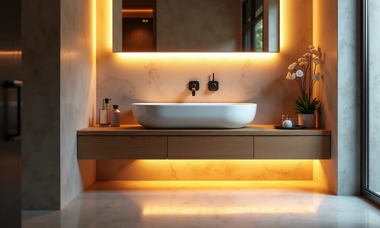 Iluminação valorizando a decoração de banheiro com cimento queimado e madeira.