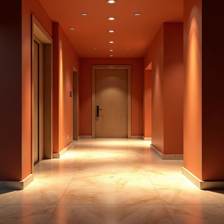 Iluminação valorizando o piso do hall de entrada