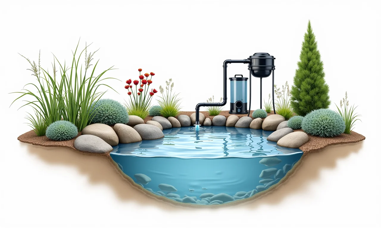 Instalação da bomba e filtro em um mini lago.