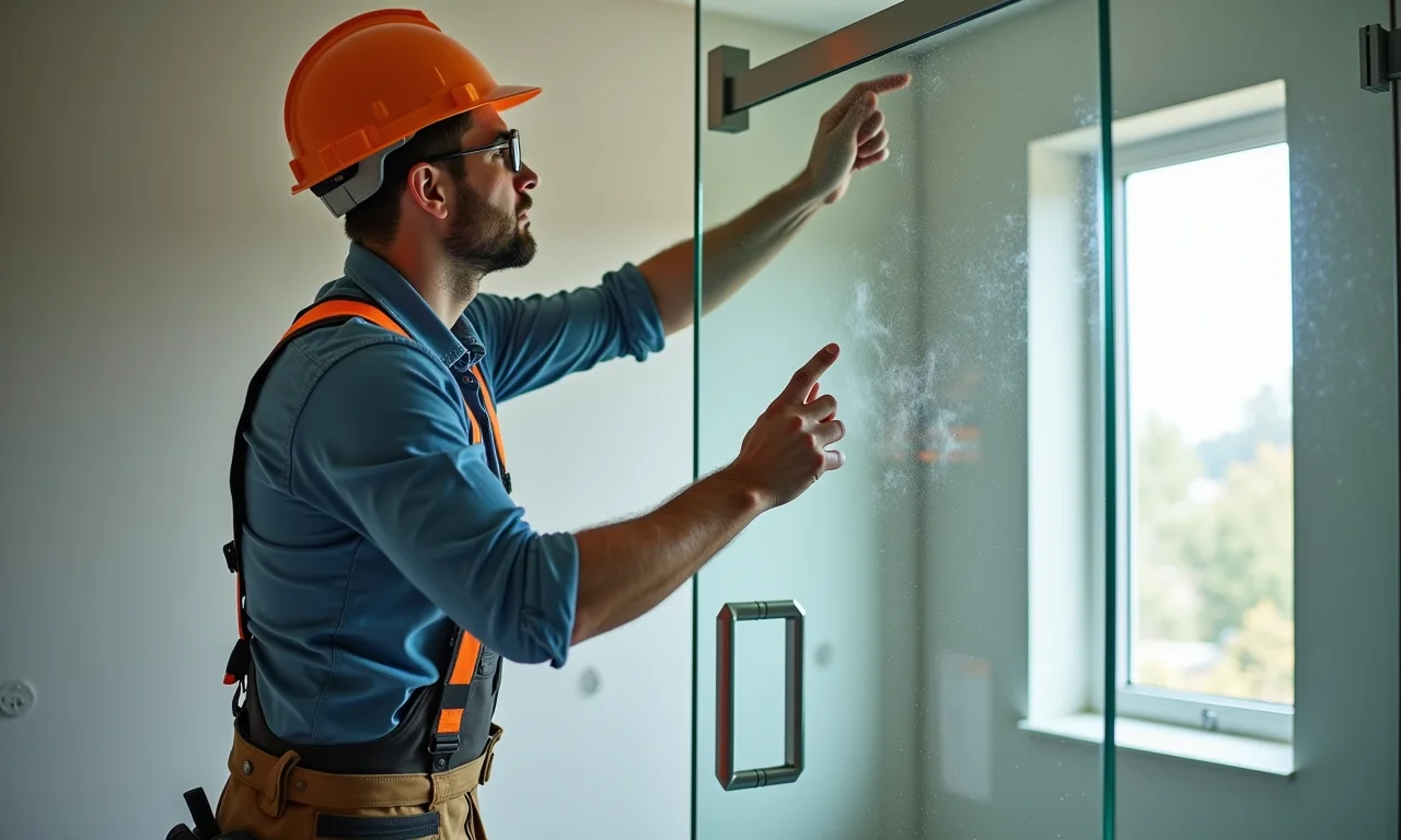 Instalação de box até o teto por profissional com equipamento de segurança.