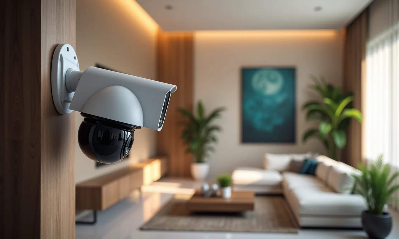 Instalação de câmera de segurança com fio em sala brasileira moderna.