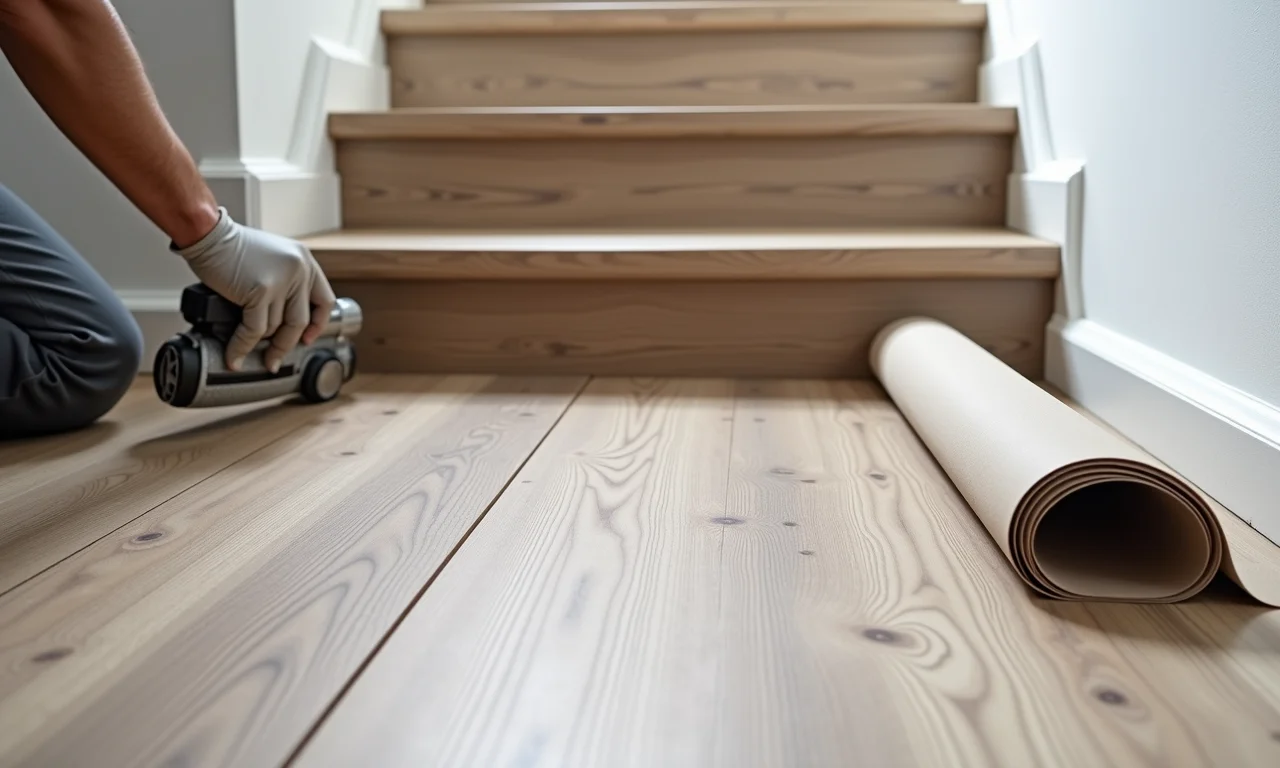 Instalação de piso vinílico em manta em escada, com acabamento impecável.