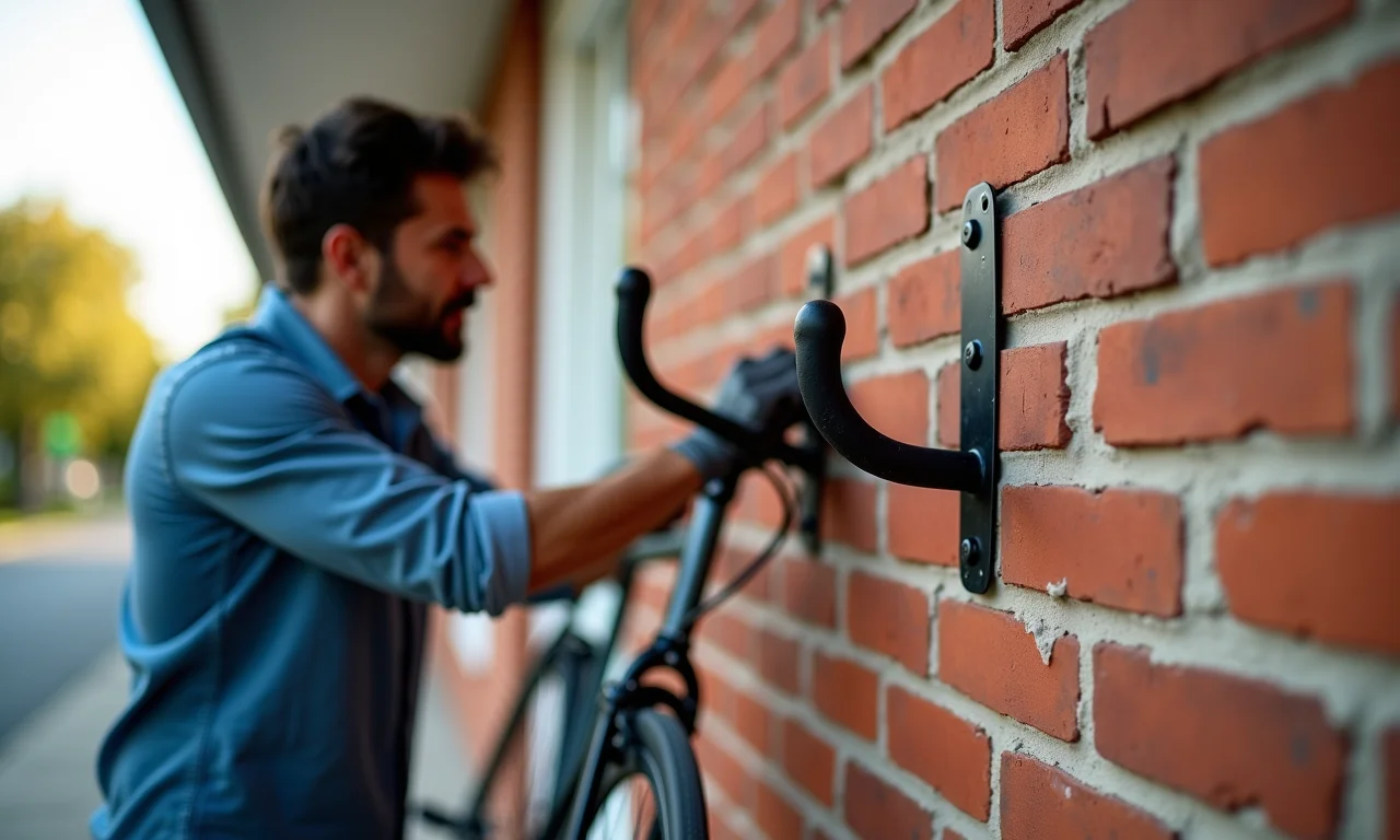 Instalando ganchos de bicicleta em parede de tijolos.