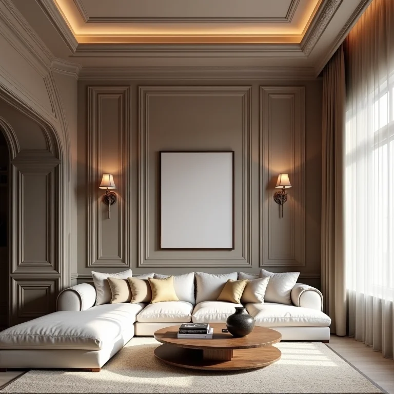 Integração de boiseries com viga em sala sofisticada.