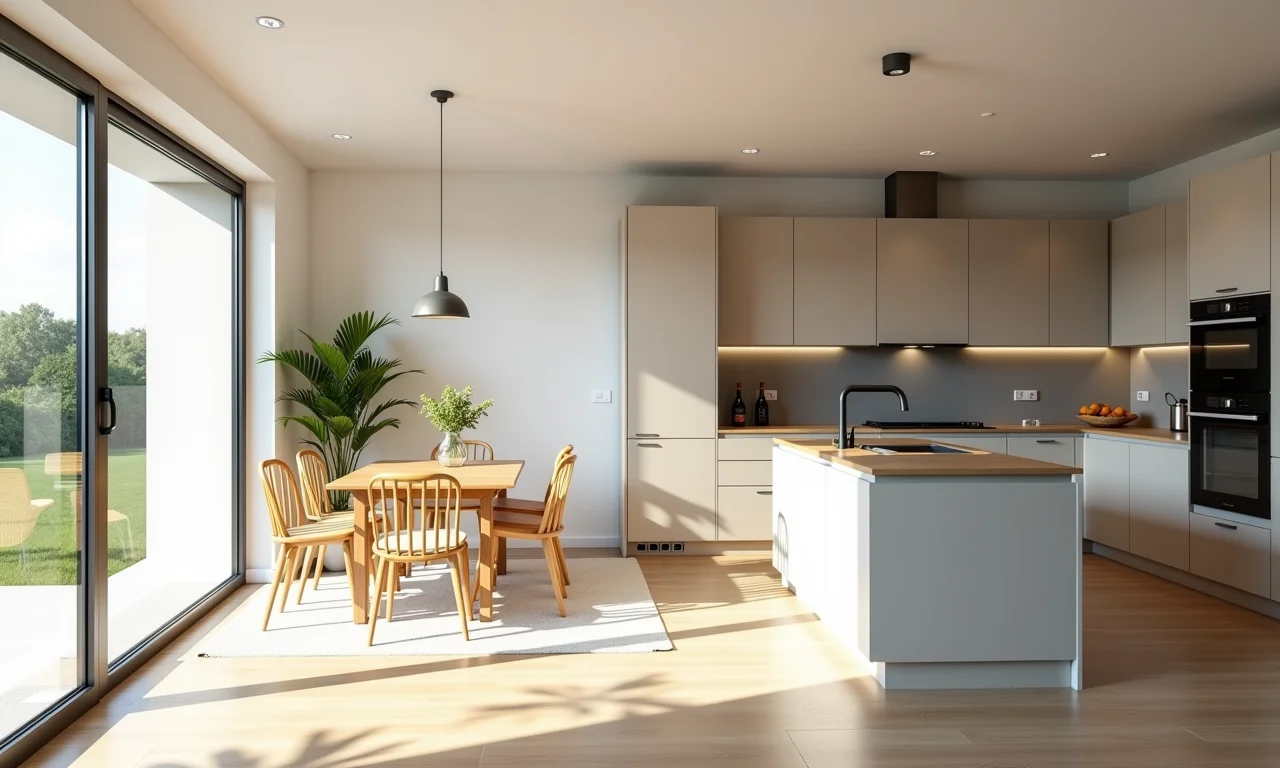 Integração de cozinha e sala com porta de correr, ampliando o espaço.