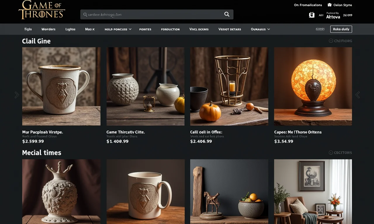 Interface de loja online exibindo diversos itens de decoração com tema Game of Thrones.