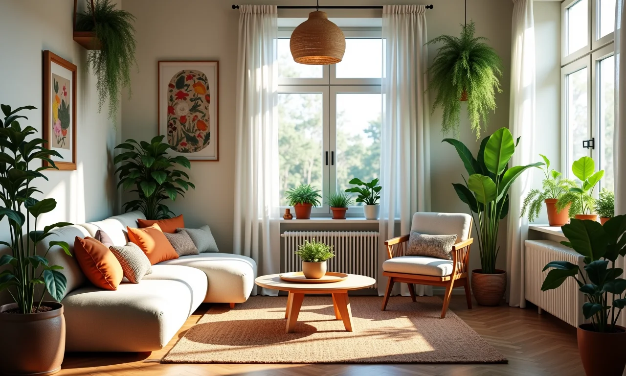 Interior boho com plantas penduradas e vasos, trazendo a natureza para dentro