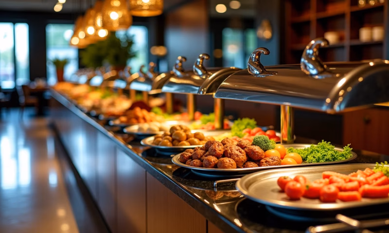 Interior de buffet elegante com piso impecável refletindo a luz.