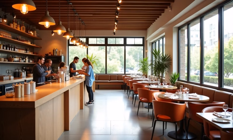 Interior de restaurante com design brasileiro moderno e fluxo otimizado de clientes.