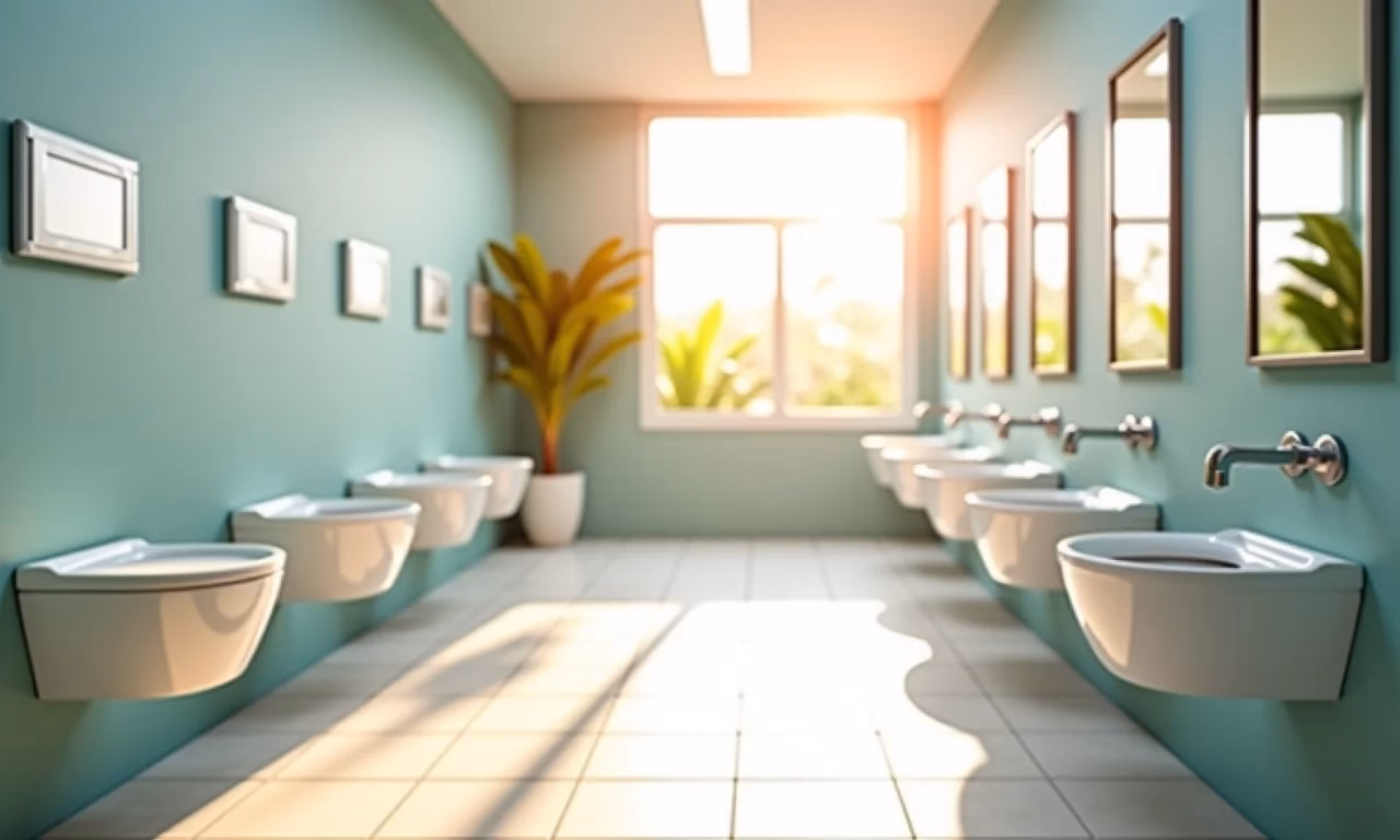 Interior de um banheiro público limpo e bem iluminado, com flores e foco em higiene.