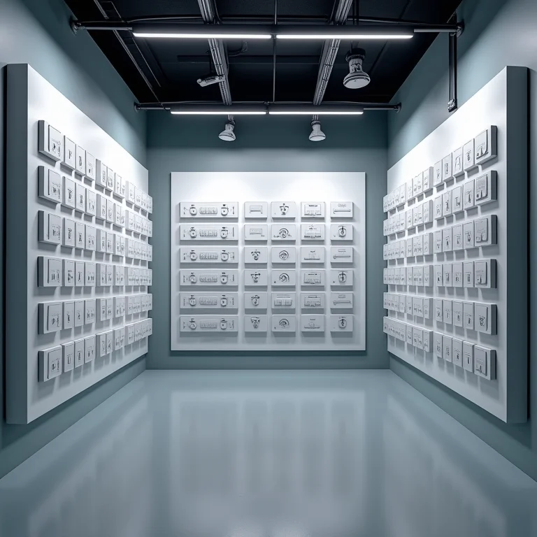 Interior de uma loja de elétrica com exposição de interruptores e tomadas