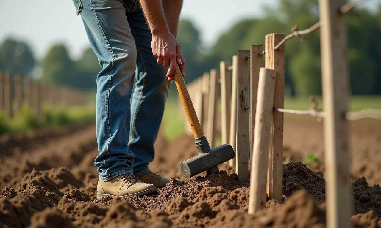 Introdução de estacas de madeira no solo com uma marreta, em área rural.