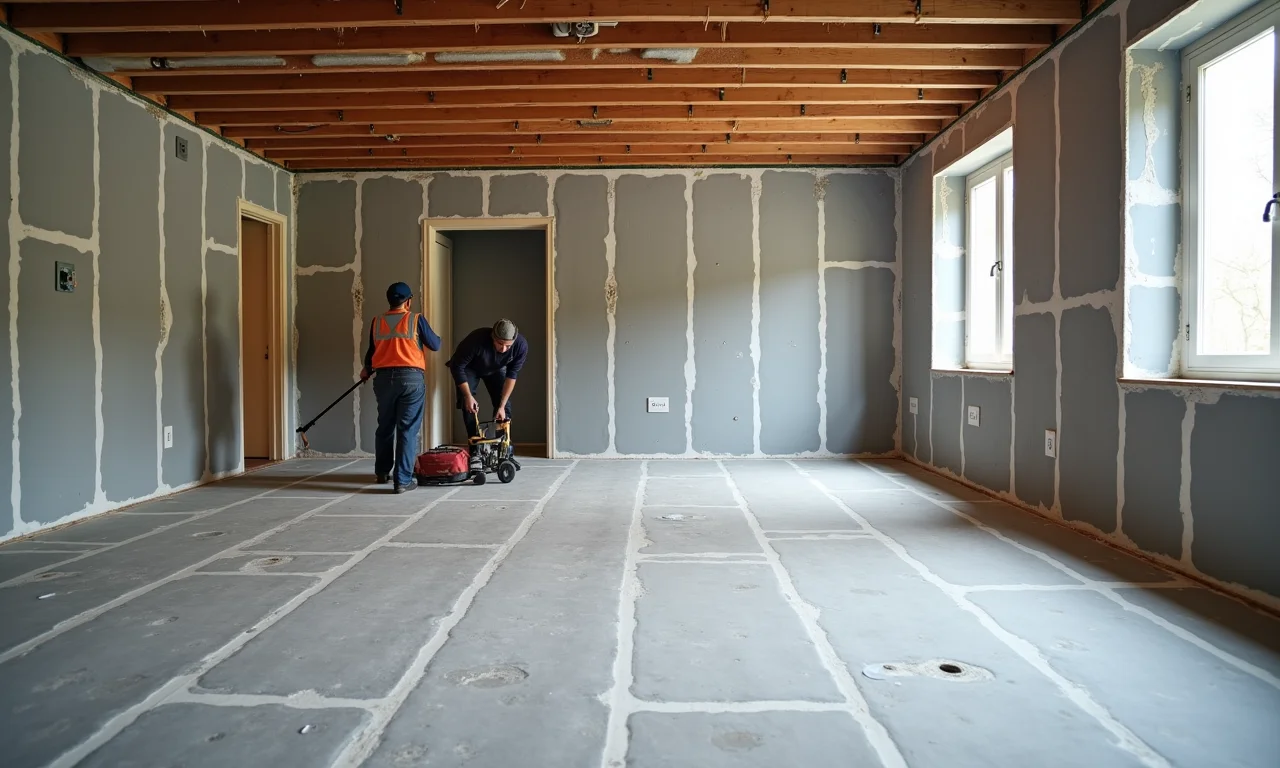Isolamento acústico sendo instalado sob o assoalho de um mezanino.