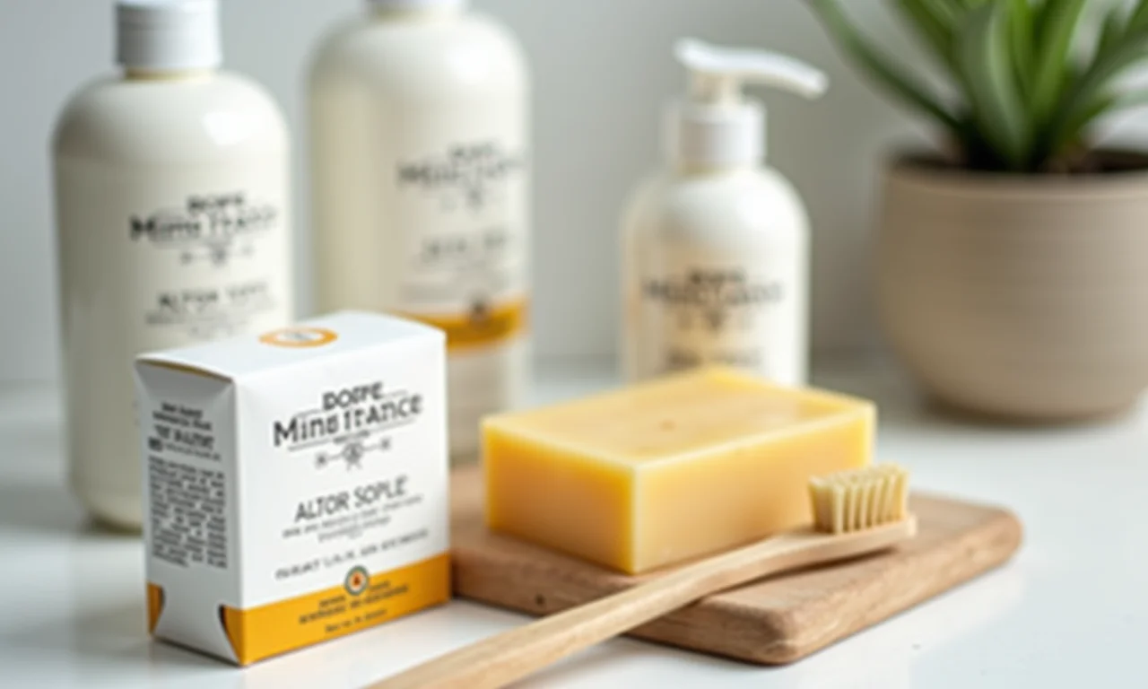 Itens de banheiro com rótulos em francês.