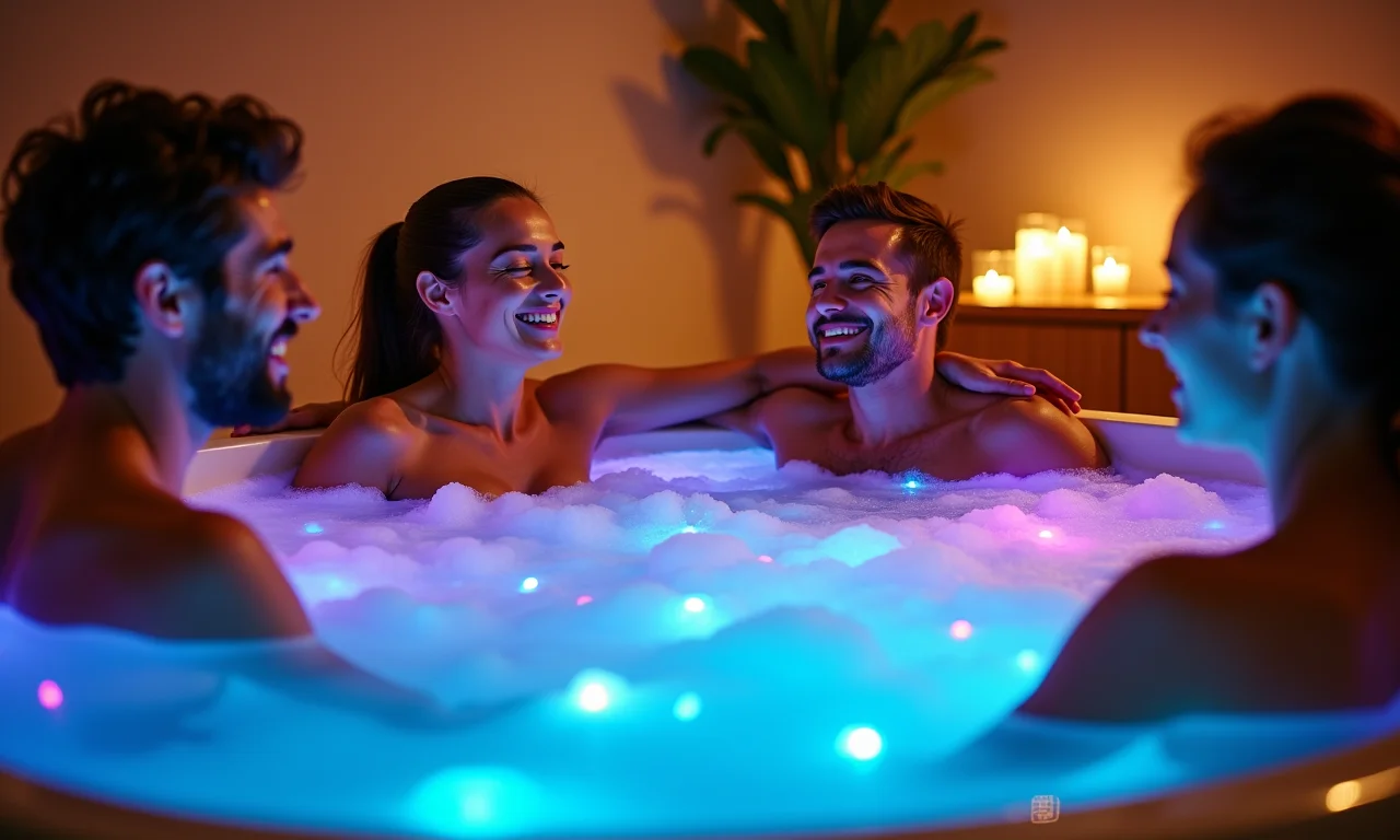 Jacuzzi com acessórios de iluminação e aromaterapia.