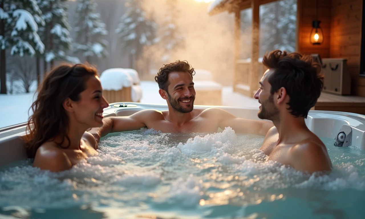 Jacuzzi com água quente e vapor em um dia frio.