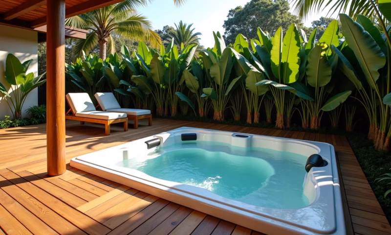 Jacuzzi instalada em deck de madeira em um quintal com estilo brasileiro.