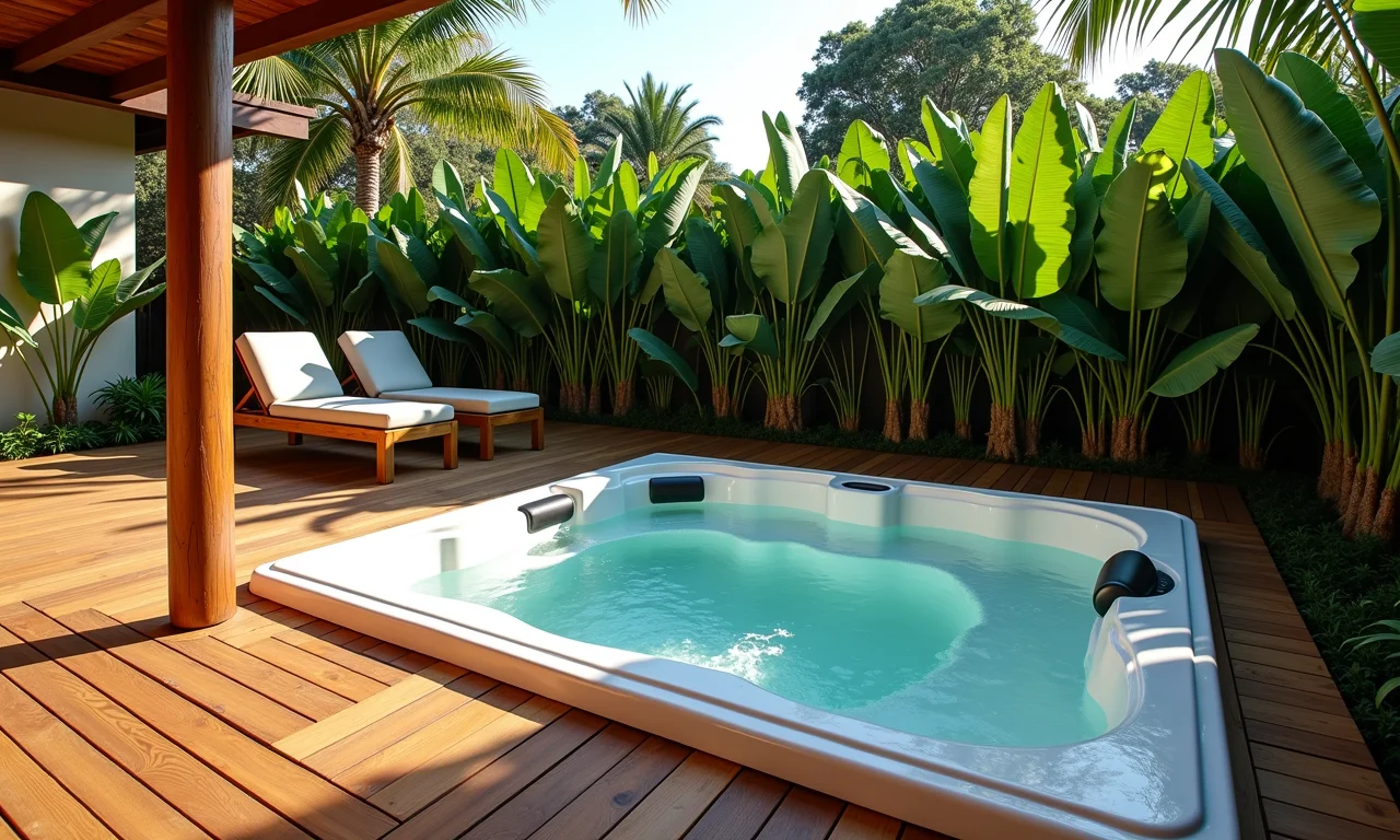 Jacuzzi instalada em deck de madeira em um quintal com estilo brasileiro.