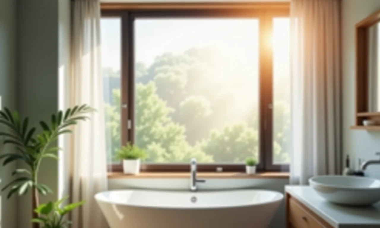 Janela de canto com película de privacidade em banheiro.