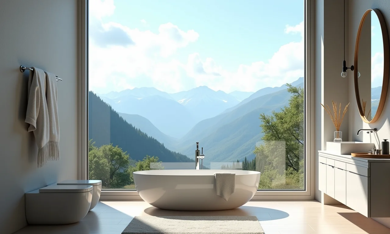 Janela de canto com vista para as montanhas em banheiro.