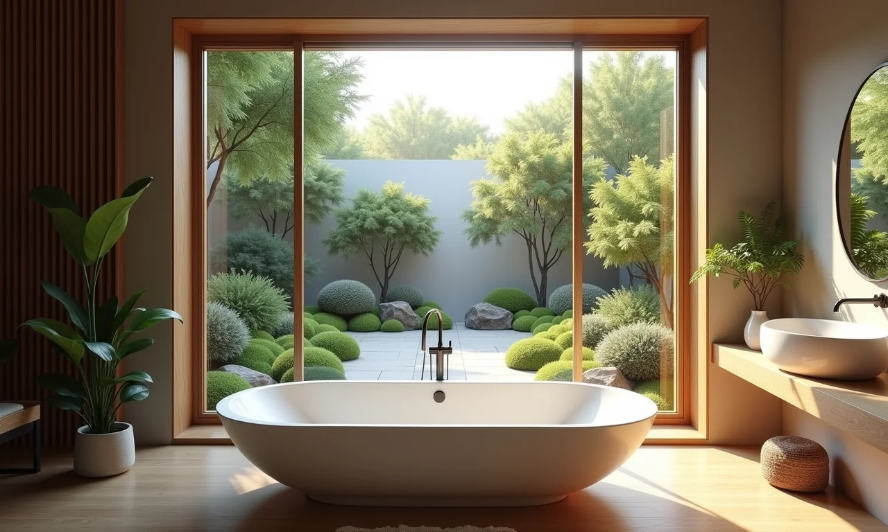 Janela de canto com vista para um jardim Zen em banheiro.