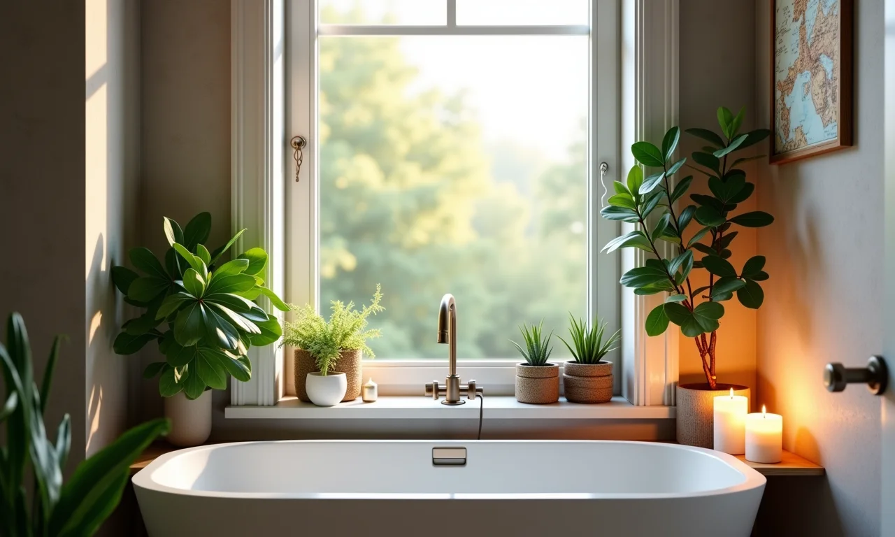 Janela de canto integrada à decoração do banheiro com plantas.