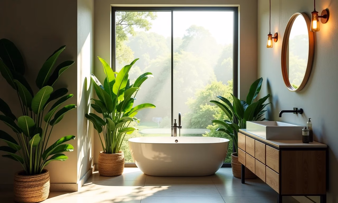 Janela de canto no banheiro com plantas, luz natural e design brasileiro.