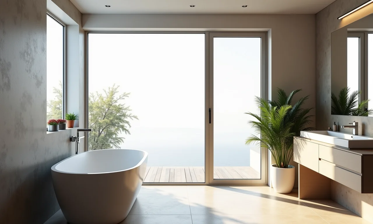 Janela de correr de canto em banheiro moderno e funcional.