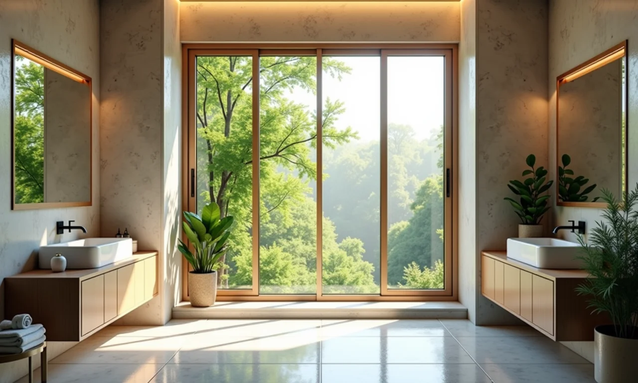 Janela fixa de canto em banheiro com vista para o verde.