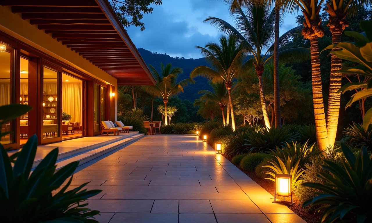 Jardim brasileiro iluminado ao entardecer com luzes convidativas.