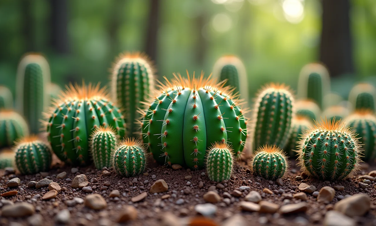 Jardim de cactos com casca de árvore como cobertura.