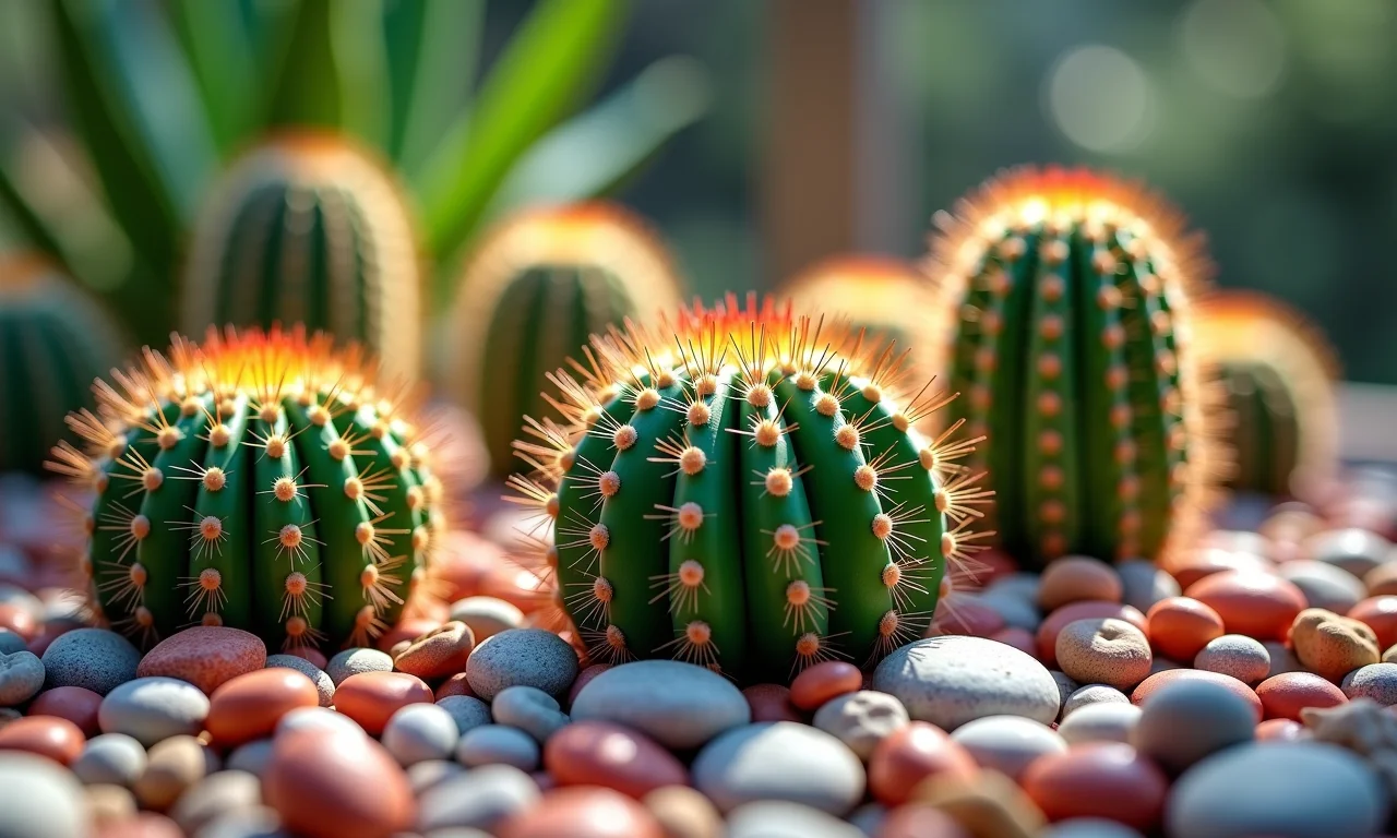 Jardim de cactos com pedras coloridas vibrantes.