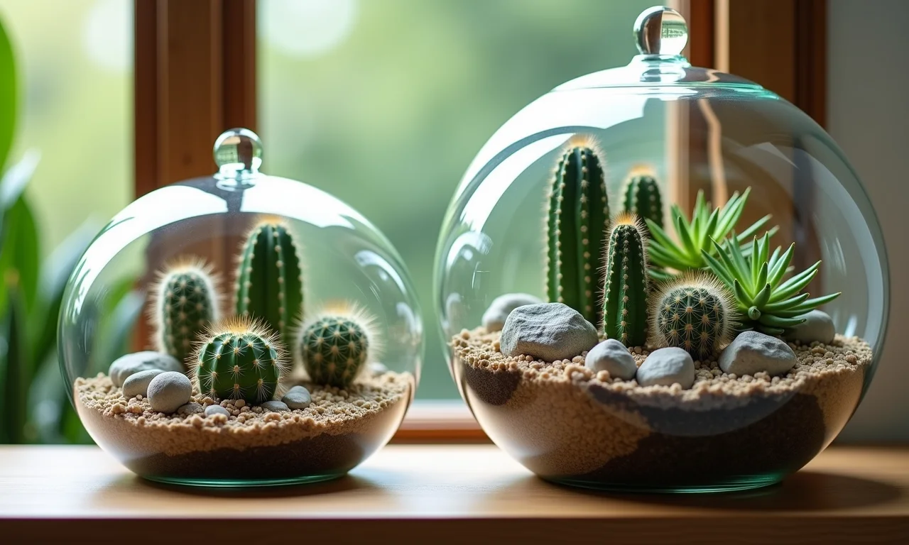 Jardim de cactos e pedras em terrários de vidro.