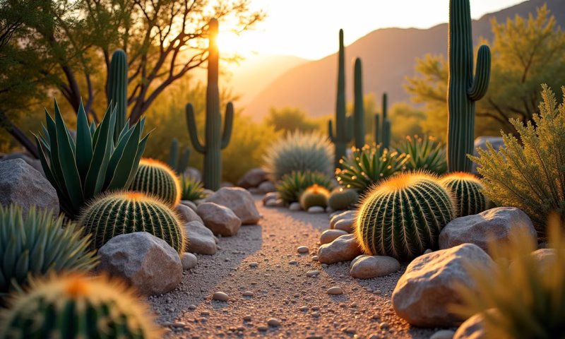 Jardim de pedras com cactos diversos sob a luz dourada do sol.