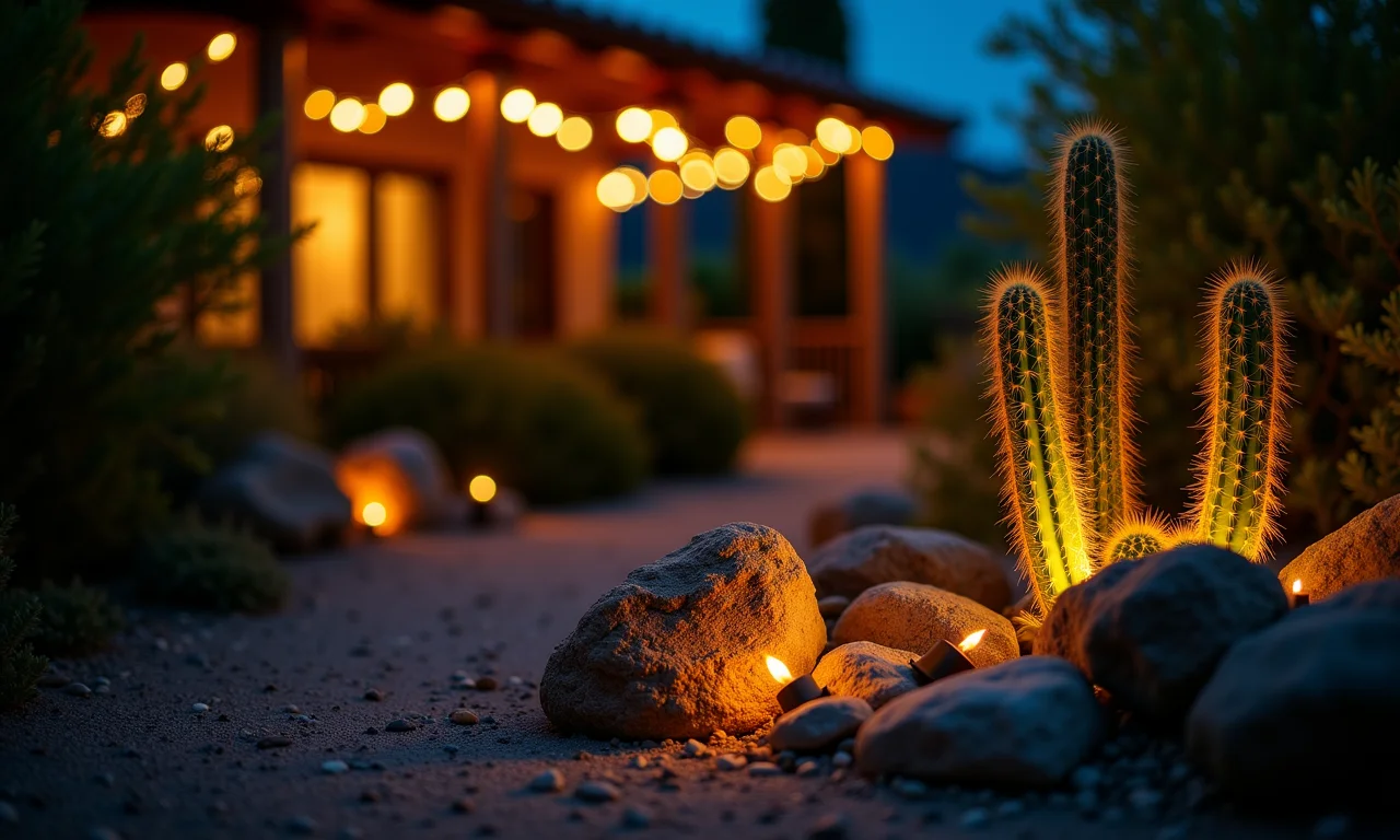 Jardim de pedras com cactos iluminado à noite.