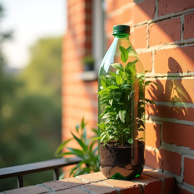 Jardim vertical de garrafa PET em uma varanda ensolarada.